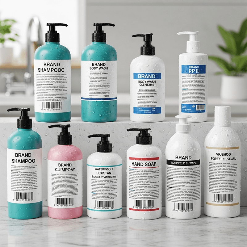 Detergent and household cleaning product bottles prepared for custom labels